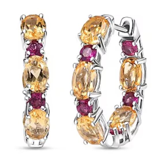 Brazilian Citrine and Rhodolite Garnet Art Deco Hoop Earrings - Picture 1 of 7